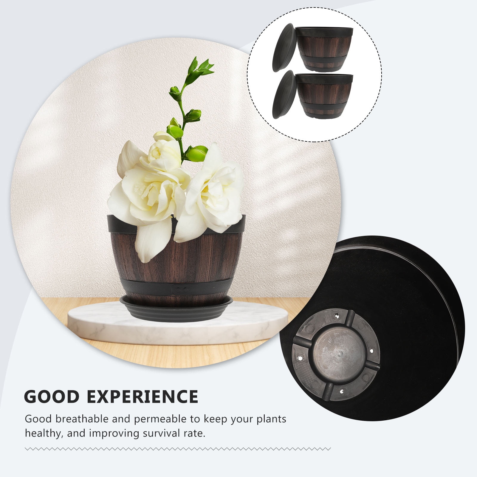 Huaqiet 2 Sets Imitation Wooden Planter Flower Pot Multi-functional Barrel with Saucers