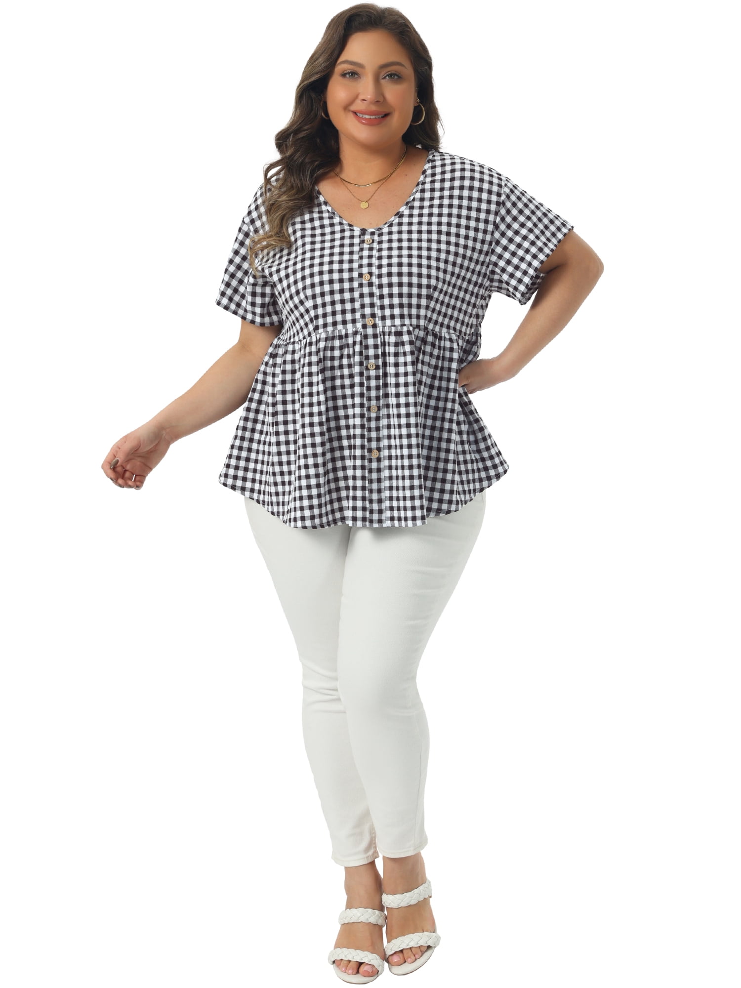 Women's Plus Gingham Tops Plaid Short Sleeve V Neck Summer Babydoll Top 4X Black