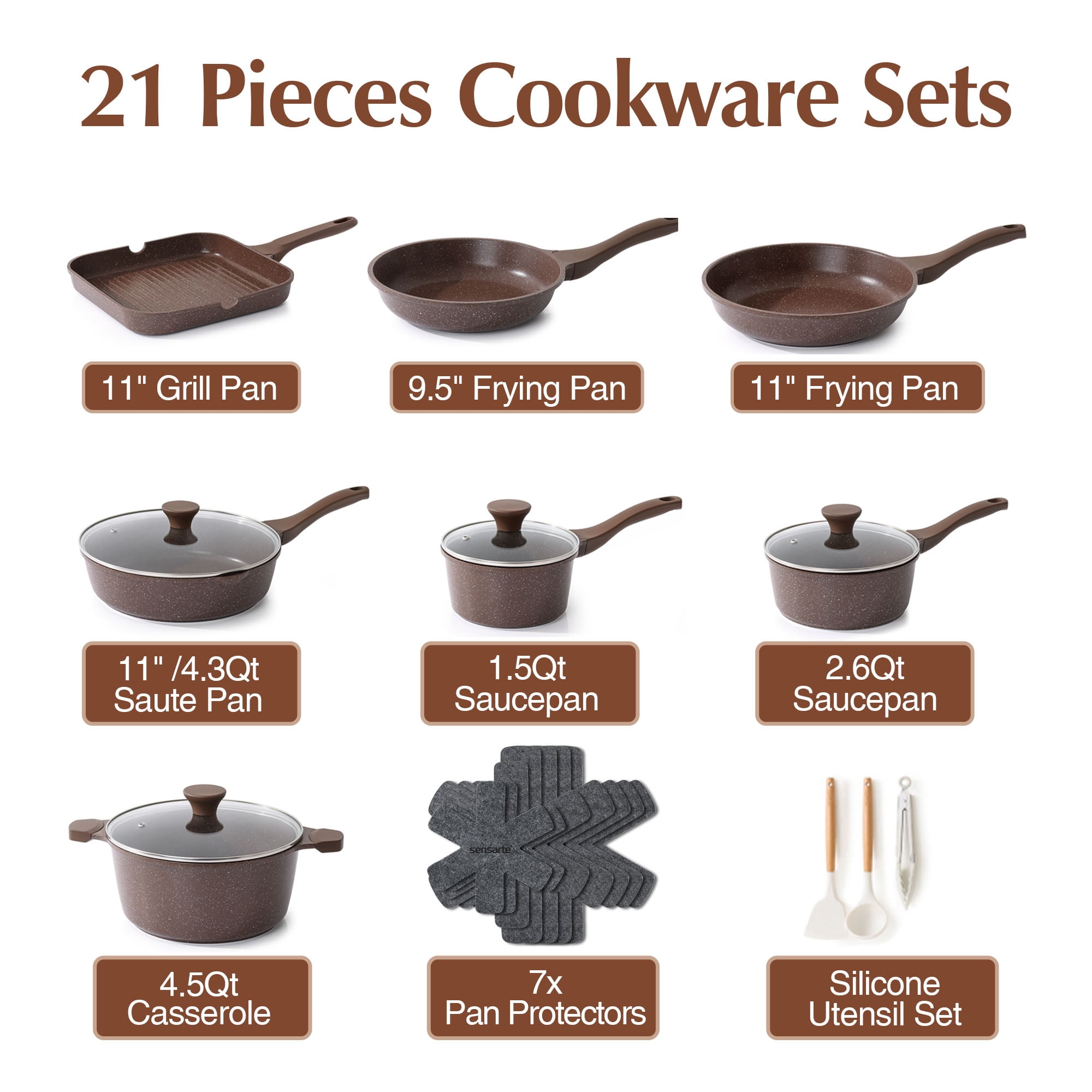 SENSARTE Nonstick Pots and Pans Set, 21 Pieces Non Stick Granite Cookware Set Brown, Induction Kitchen Cookware Sets Toffee Brown