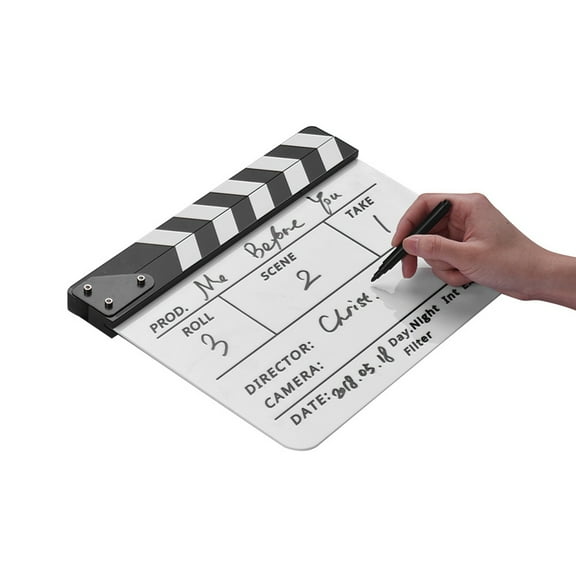 Photo Dry Erase Acrylic Director Film Clapboard Movie TV Cut Action Scene Clapper Board Slate With Marker Pen, Color Stick, White