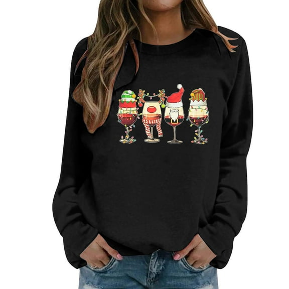 Fiaer Christmas Sweatshirts for Women Funny Graphic Crew Neck Xmas Tops Long Sleeve Plus Size Cozy Fall Pullover Black S