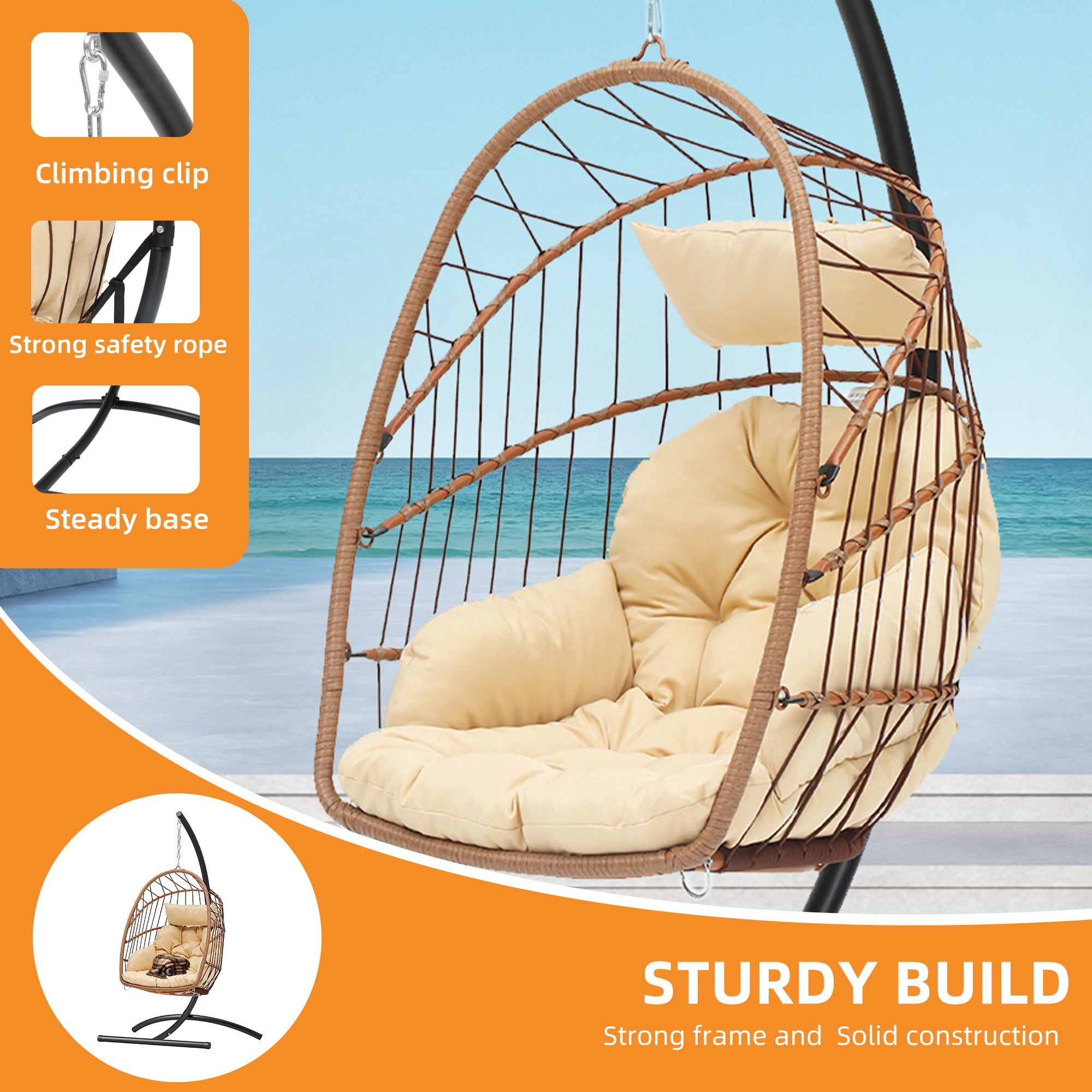 Uforic Hanging Egg Chair with Stand & Cushion, Swing Design, 330 Lbs for Indoor/Outdoor, Brown