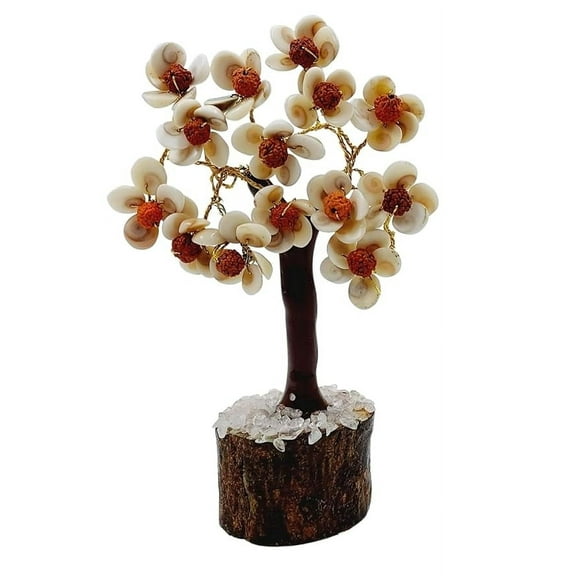 Gomti Chakra Flower with Rudraksha Beads Tree Money Tree Stones and Crystals Plant for Goodluck Health Wealth and Prosperity, Chakra Tree, White and Brown (84 Gomti Chakra)
