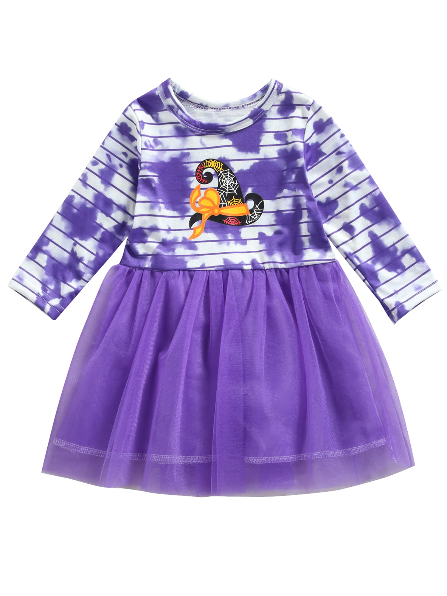 Kids Baby Girl's Cute Pumpkin Print Splice Dress Long Sleeve Halloween Dresses 