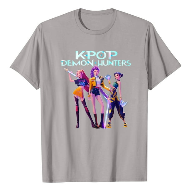 Pop cazadora para niña Demon Hunters Round-Neck Printed Anime Trio Poster T Shirt (Gray)
