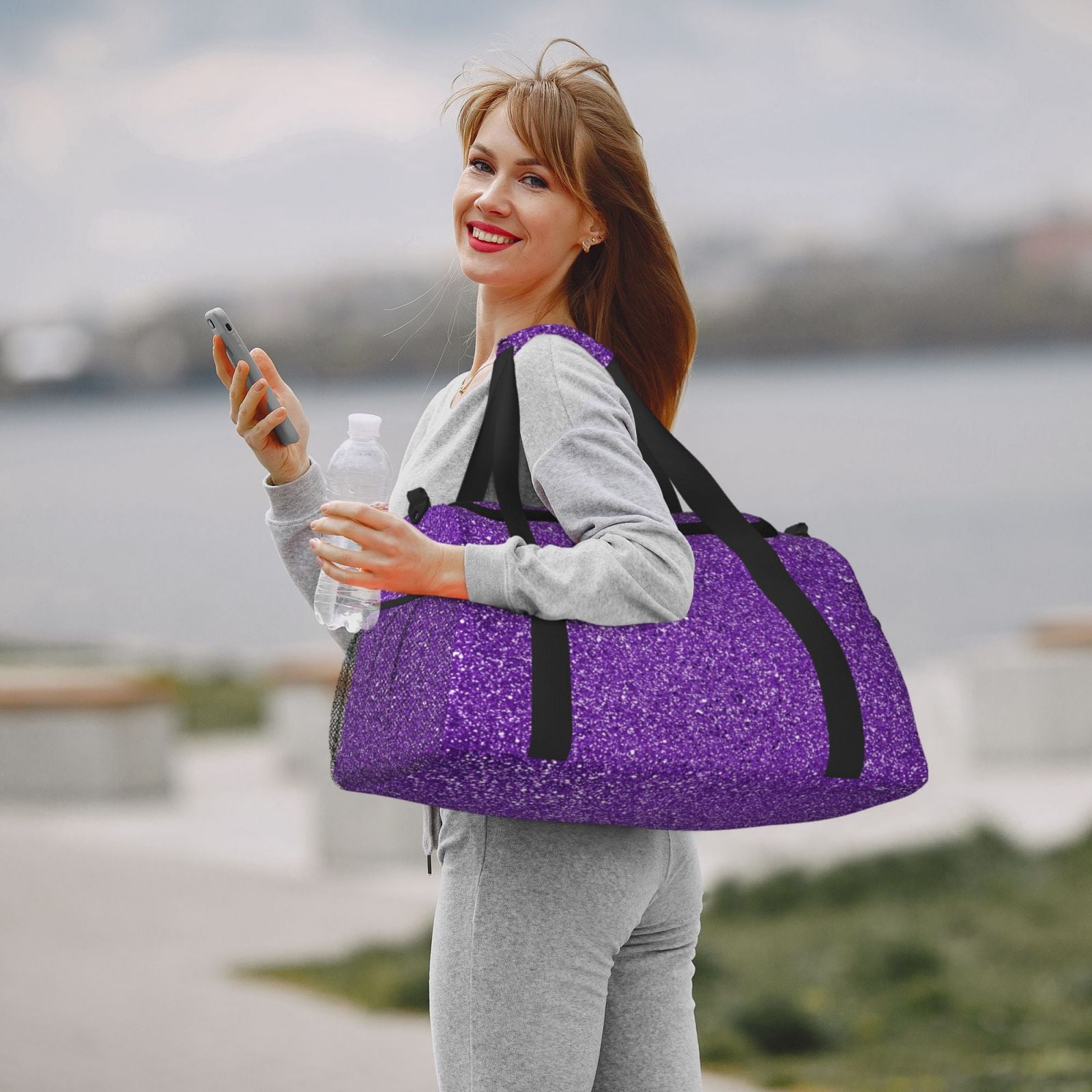 Fuzoiu Glitter Purple Print Travel Duffle Bag,Carry On Tote Bags,Duffel Bag,Sport Gym Bag, Hospital Bag for Labor and Delivery, Overnight Bag,Luggage Bag