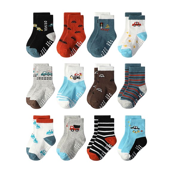 WUANDIXFA Toddler Anti Slip Non Skid Socks 12PC Children's Socks Comfortable Soft Fashion Cute Cartoon Children's Floor Socks Gray,0-1 Years