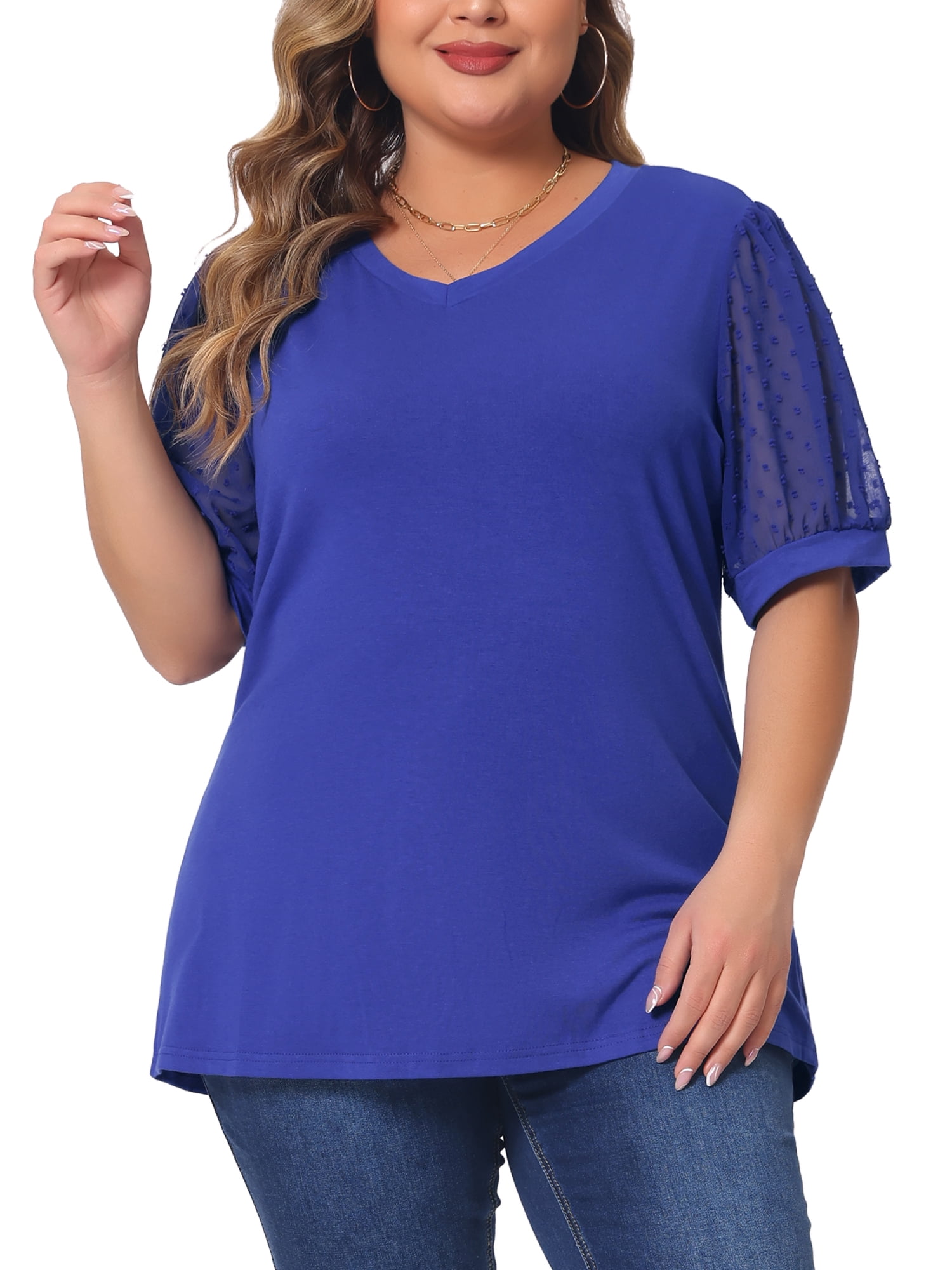 Women's Plus Tops V Neck Swiss Dots Puff Sleeve Casual Blouse Shirt 3X Blue
