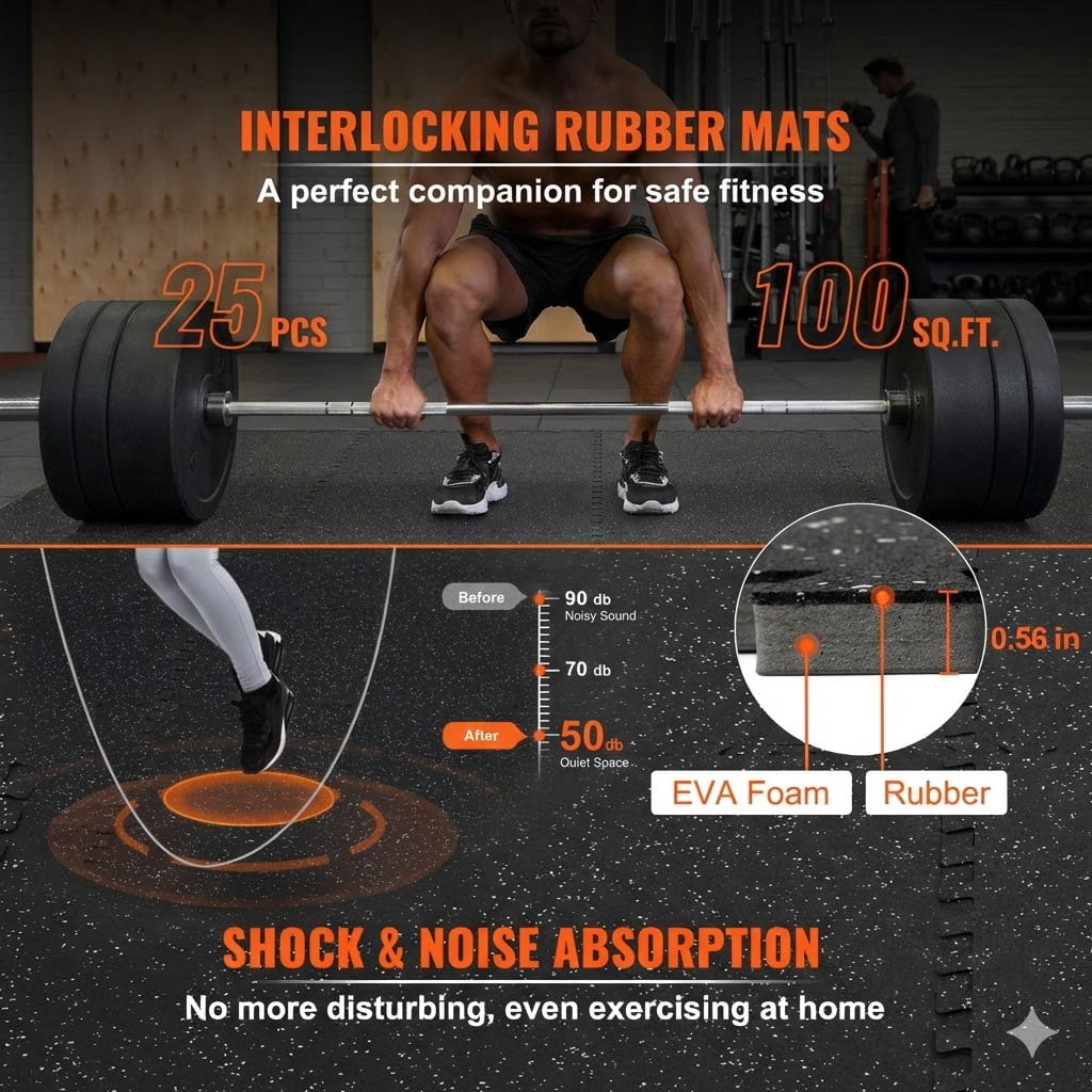 EVA Foam Floor Mats 24x24, 0.56” Thick Interlocking Rubber Tiles - 25 Pcs Workout Floor Mat for Home Gym, Exercise, Playroom - 100 Sq Ft Coverage
