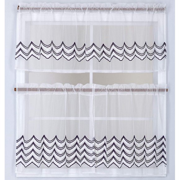 DiamondHome 3pc Sheer with Embroidery Kitchen/Cafe Curtain Tier and Valance Set (Wave/Purple)