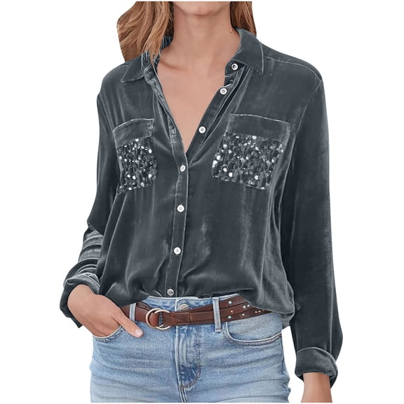 Womens Velvet Button Down Shirts Sequin Sparkly Long Sleeve Tees Casual Dressy Solid Color Shirt Spring Lapel Work Tops