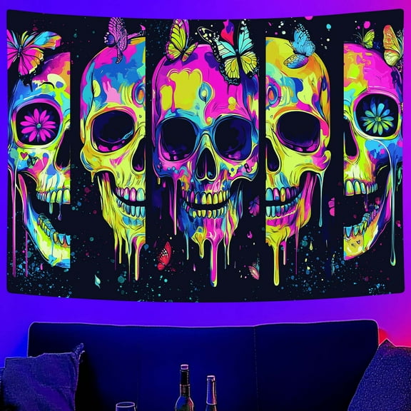 Blacklight Skull Tapestry, Glow In The Dark UV Reactive Neon Skeleton Butterfly Wall Hanging Tapestries Home Decor, Horror Face Tapestry Halloween Aesthetic for Bedroom Livingroom Tapestry 60X40IN