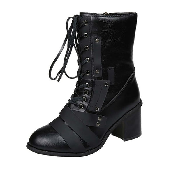 Jsaierl Women’s Combat Boots Lace up Mid Calf Boots Low Heel Chunky Platform Lug Sole Boots