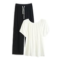 thumbnail image 3 of TaTaai Womens Two Piece Set Off Shoulder Short Sleeve Puff Sleeve Top with Drawstring Waist Straight Leg Pants Solid Soft Breathable Casual Outfit Gift, 3 of 6