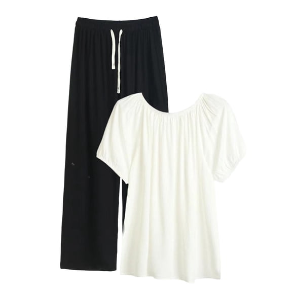 BUIGTTKLOP Womens Pajamas Sets Puff Short Sleeve Tops Drawstring Ealstic Waisted Wide Leg Pants Comfy Homewear