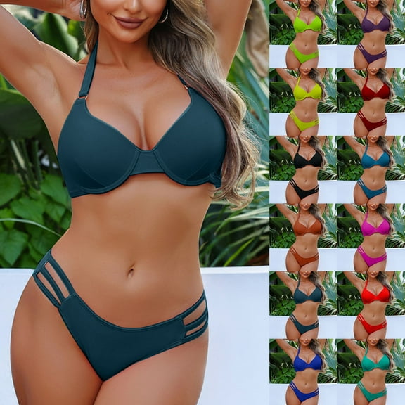 UTSJKR Thong Bikini Sets for Women Sexy 2 Piece Tummy Control Bathing Suits Halter Curvy Cutout String Cheeky Swimsuits Black L