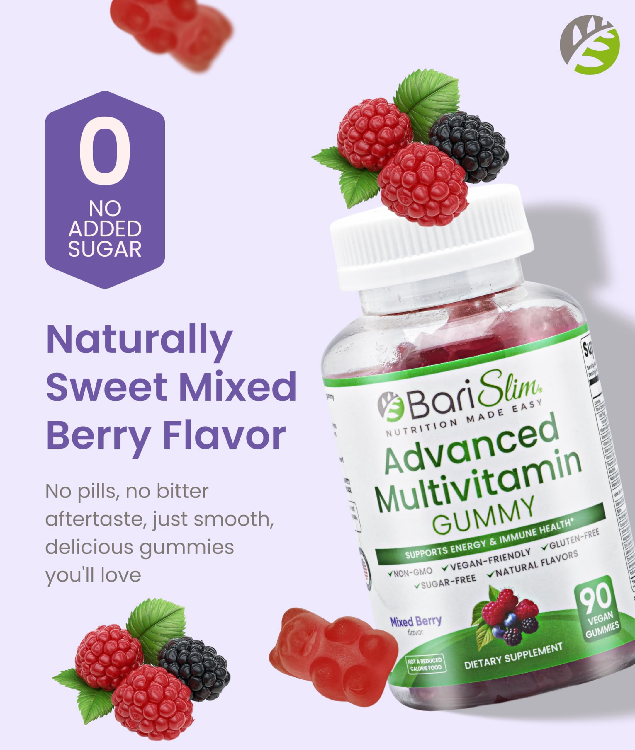 BariSlim  Advanced Bariatric Multivitamin Gummies for Energy & Immune  Support, Mixed Berry Flavor, 90 Count, 10.6 oz, Adult