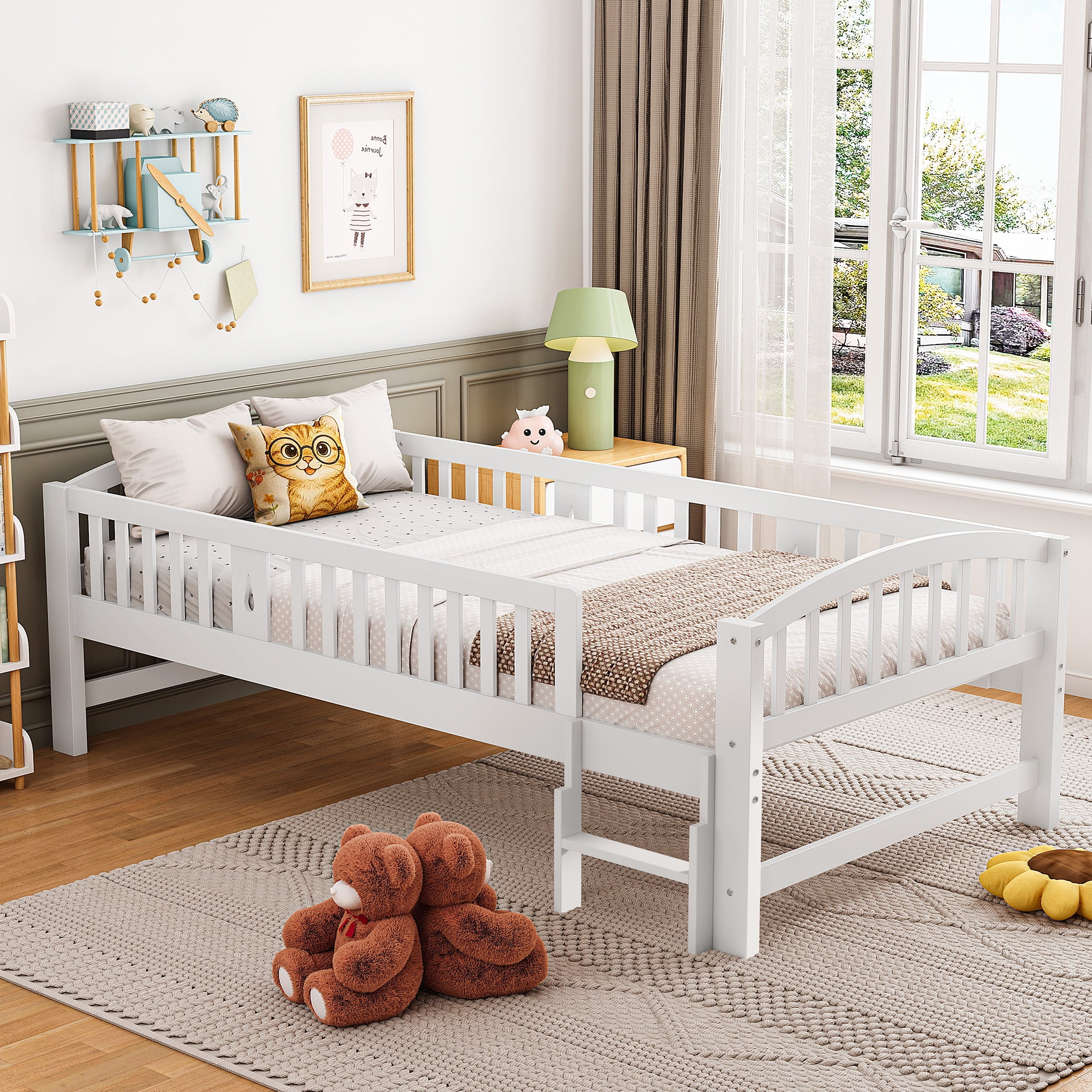 Sesslife Twin Platform Bed Frame, Solid Wood Montessori Bed with Safety Guardrails and Ladder, Twin Low Profile Bed with Slats for Boys Girls, No Box Spring Needed, Holds 400 lbs, Grey