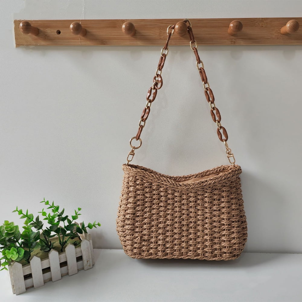 Small Handmade Straw Pocketbook Crossbody Bag for Women, Summer Chic Woven Handbag Shoulder Purse with Chain