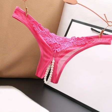 Women Sexy Underwear Lace Open Cut Pearl Massage Hollow Low Waist Triangle G String Pants Microfiber Panties