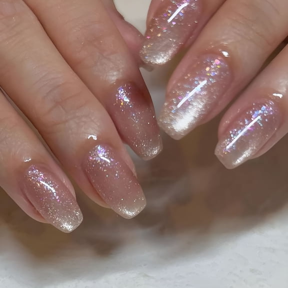 RAGUPEL 2026 New Cat Eye Press on Nails Coffin Fake Nails Pink Full Cover Magnetic Nails Press on Glossy Glue on Nails False Nails with Nail Glue Summer Acrylic Nails Artificial Nails for Girls