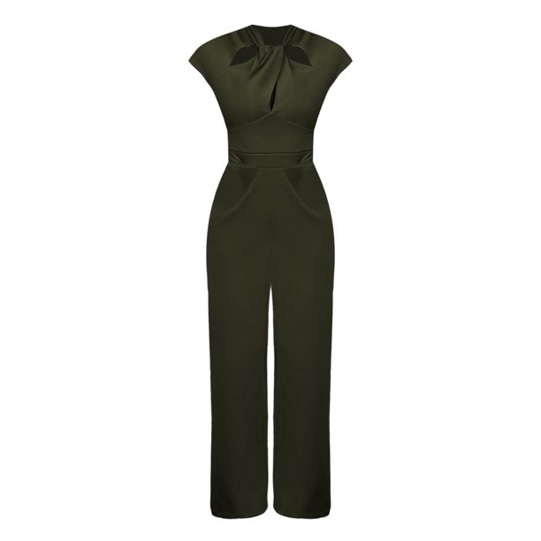 Gibobby pantalones holgados de oficina Mono casual de cintura alta para mujer con diseño de corte anudado y manga corta(Verdinegro, L)
