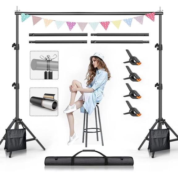 Backdrop Stand, 7.5 FT x 10 FT Adjustable Photography Background Support System Kit with Carrying Bag for Photo Video Studio
