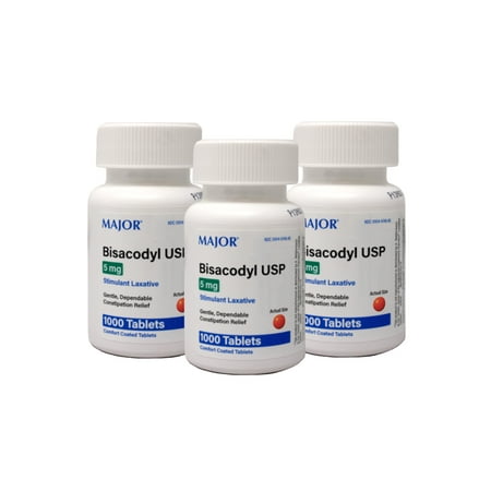 Major Bisacodyl USP Stimulant Laxative Coated Tablets, 5 mg, 1000 Count, 3 Pack