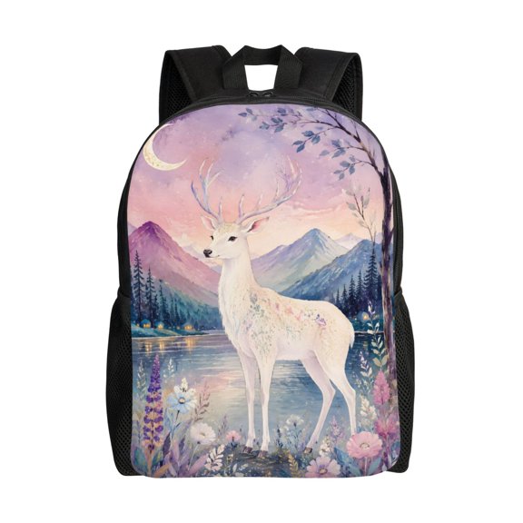 White Deer Moonligh Backpack Full Front Print Travel Laptop Bag for Men and Women