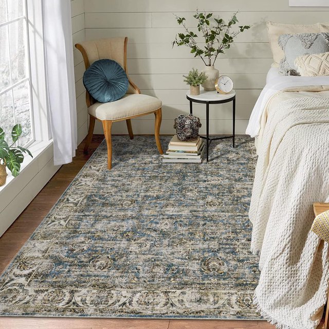Vintage Area Rug, Washable Low-Pile Non-Slip Stain-Resistant Contemporary Soft Carpet for Living Room Bedroom Dining Room