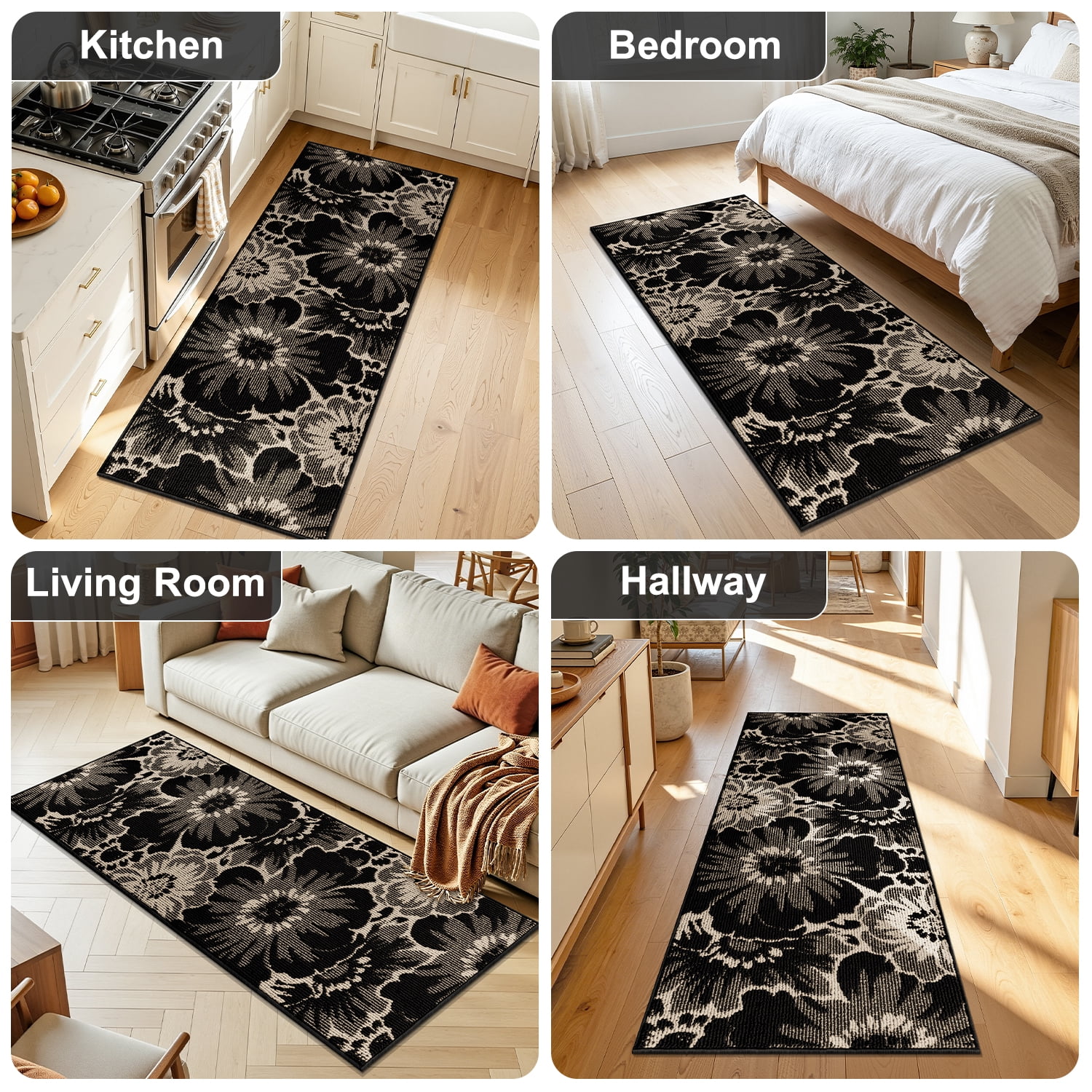 Findosom Runner Rug for Hallway 2x5 ft,Non-slip Machine Washable Runners Flower Floor Mats Low Pile Carpet Rug Runner with Rubber Backing for Entryway Doormat Bathroom Kitchen Laundry Room,Black