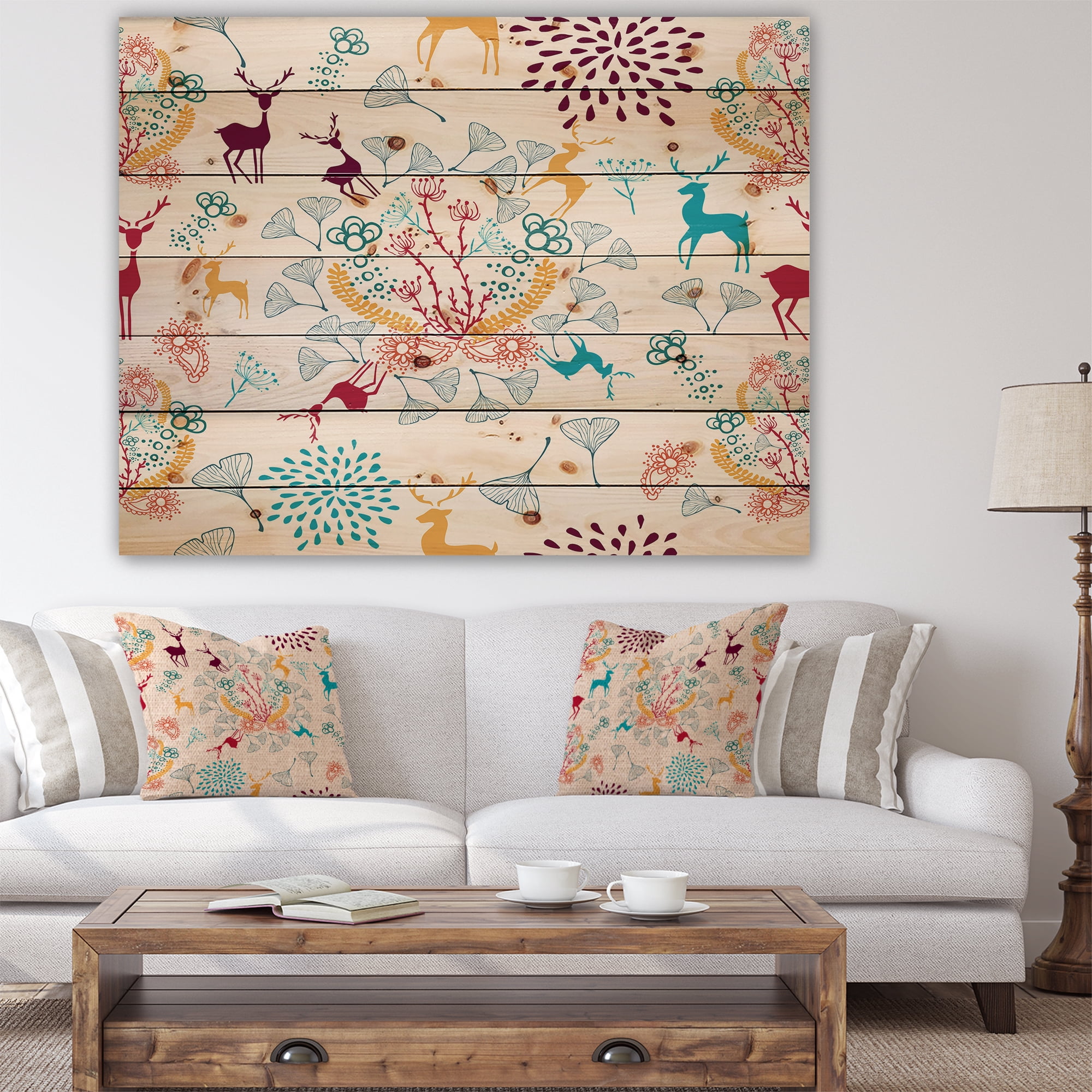 Designart 'Yellow Blue Brown Reindeer christmas pattern ' Print on Natural Pine Wood