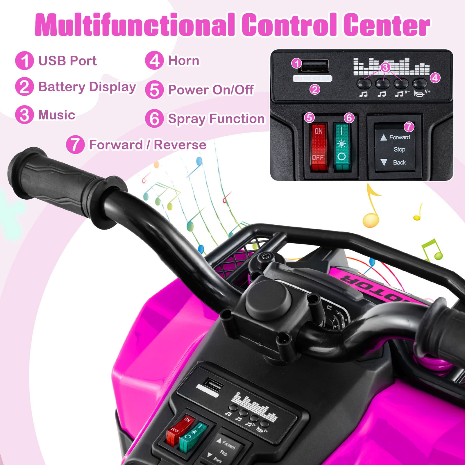 Costway 6V Toddler Ride On Electric Car ATV with Lights & Music & USB Port Storage Box Toy Car Pink