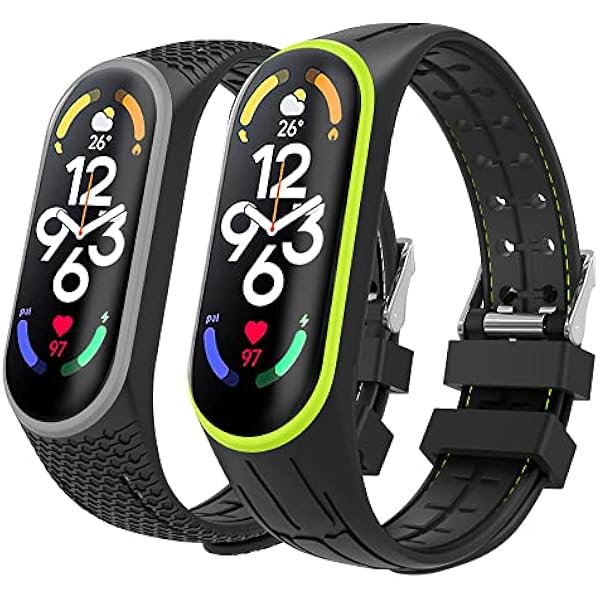 wonima11 2PACK Watch Bands Compatible with Mi Band 7 Fitness Tracker, Soft Silicone Adjustable Replacement Wristband Bracelet Sport Strap for Women Men, Green + Grey