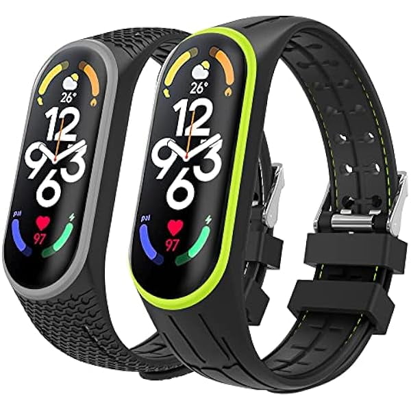 wonima11 2PACK Watch Bands Compatible with Mi Band 7 Fitness Tracker, Soft Silicone Adjustable Replacement Wristband Bracelet Sport Strap for Women Men, Green + Grey