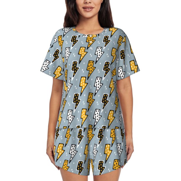 Balery Lightning Bolts Conjunto de Pijama para Mujer con Estampado, Dos Piezas de Manga Corta y Shorts, Ropa de Dormir Suave con Cuello Redondo y Bolsillos-Small