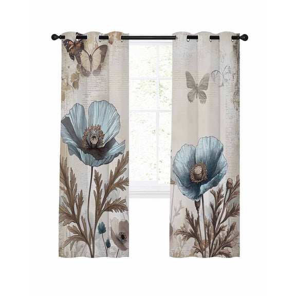 Vintage Poppy Butterfly Blackout Curtains for Bedroom Living Room, Blue Flowers Plant 84 In Long Thermal Insulated Room Darkening Drapes Grommet Window Treatments, 52 x 84 In