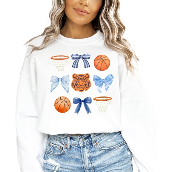 Tigers Mascot Sweatshirt for Women and Teens Hoops and Coquette Bows Basketball Fan Pullover White Sweatshirt Adult Large