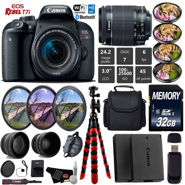 Canon EOS Rebel T7i DSLR Camera 18-55mm is STM Lens + UV FLD CPL Filter Kit + 4 PC Macro Kit + Wide Angle & Telephoto Lens + Camera Case + Tripod + Card Reader - Intl Model Canon 1894C002