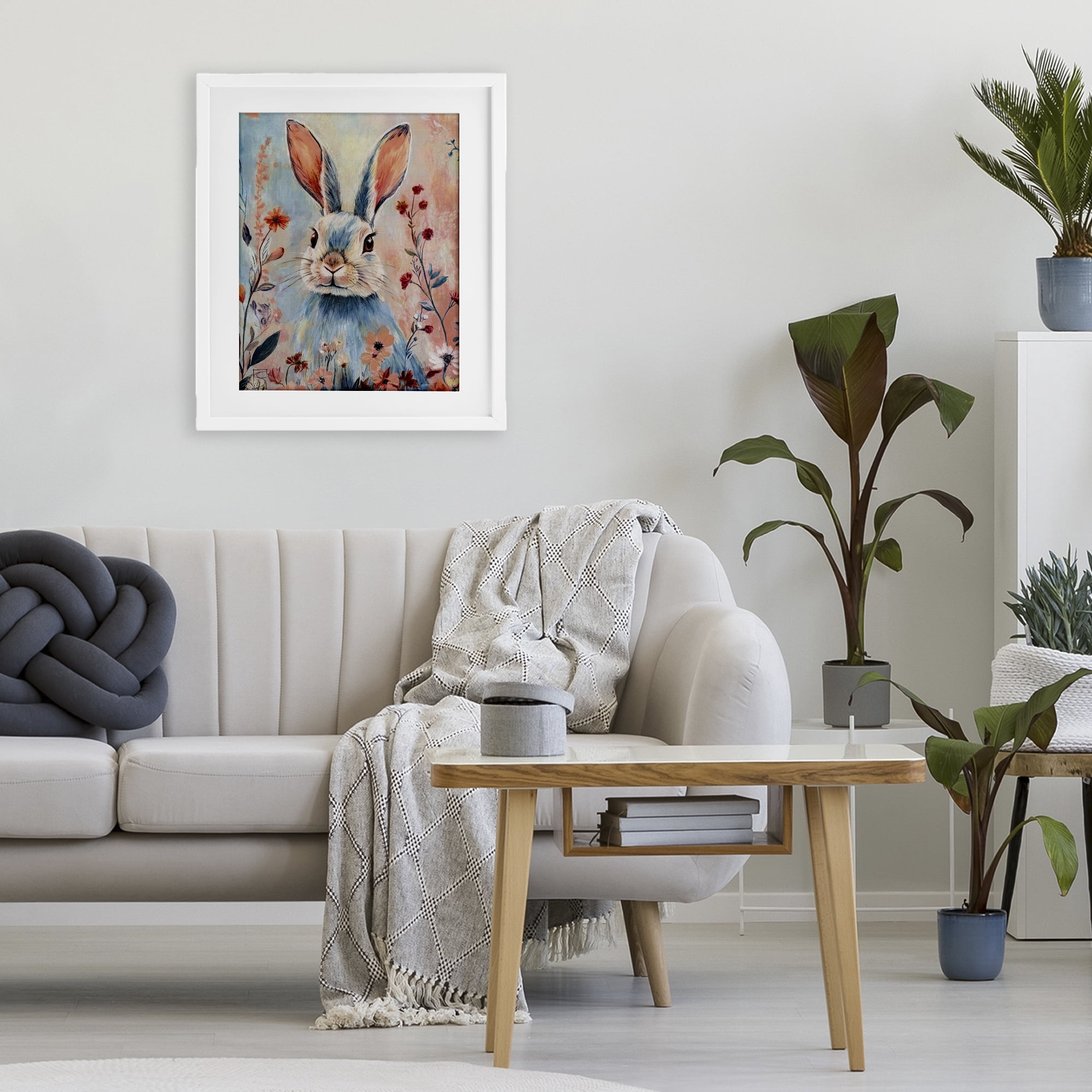 Stupell Industries Blue Rabbit & Wildflowers White Framed Print Under Glass, design by Sara Culpepper
