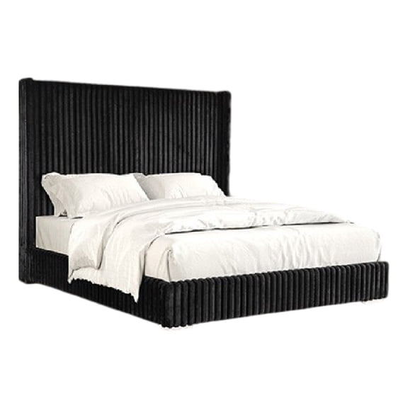 Wolo Twin Bed-Black Fur Chenille Ribbed Upholstery-Wing Headboard