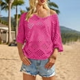thumbnail image 2 of WHEANG Summer Fashion Crochet Top for Women Solid Color V Neck Beach Cover Up Crochet Long Sleeve Casual Tops Cover Cruise Outfit Breathable Loose Fit Blouse(Color Red Size M), 2 of 5