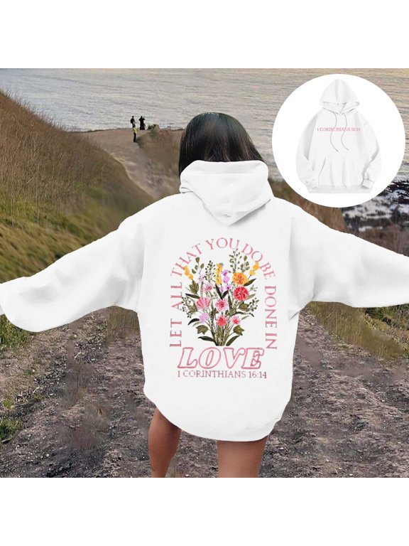 Womens Oversized Hoodies Floral Letter Back Print Oversized Hooded Sweatshirt Coquette Streetwear Loose Pullover Tops White 2XL