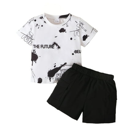 

3T Baby Boys Clothes 4T Boys 2PCS Summer Outfits Set Letter Print Toddler Boys Short Sleeve Top Shorts Set White
