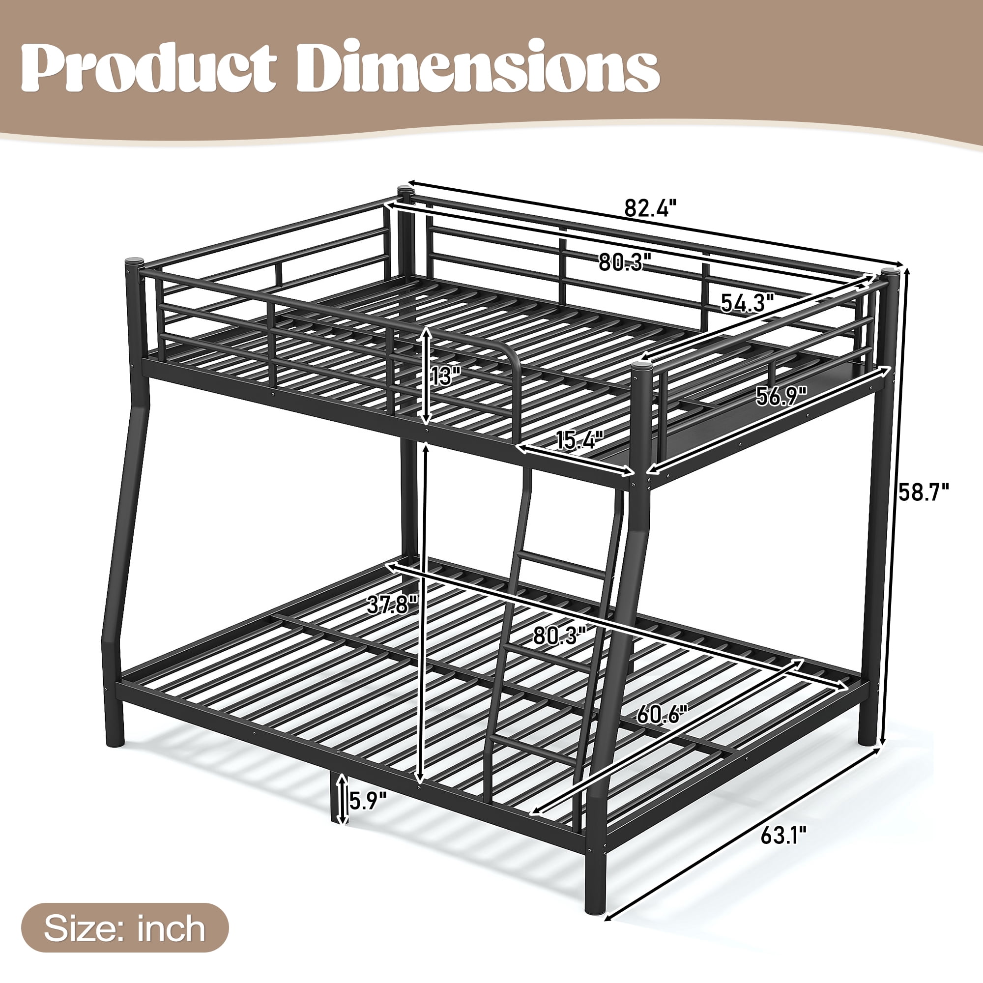 Leumius Full over Queen Metal Bunk Bed Frame with Dual Guardrails and Ladders, Heavy-Duty Quiet Design,Noise-Reduced,Black