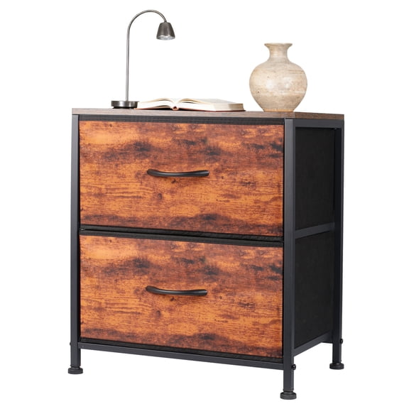 Night Stand, Small Dresser with 2 Drawers & Wooden Top, Nightstand with Fabric Bins, Bedside Table End Table for Bedroom, Closet, Entryway, College Dorm, Rustic Brown