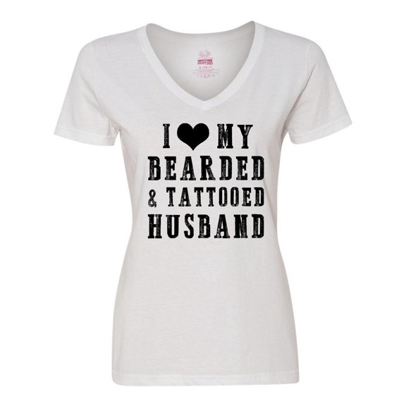 Inktastic I Love My Bearded and Tattooed Husband Women's V-Neck T-Shirt