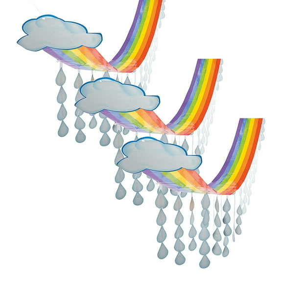 Fun Express 12 Ft. x 32" Bulk 3 Pieces Rainbow Cloud & Rain Drops Ceiling Decorations