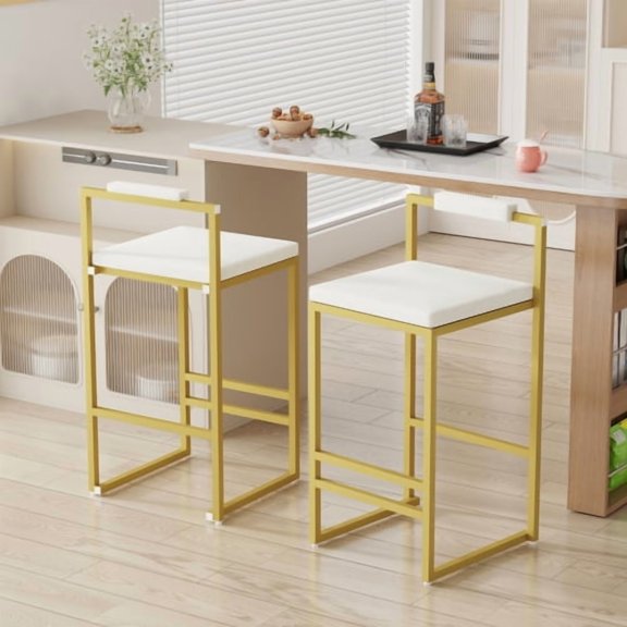 Velvet Bar Stools Set of 2, Counter Height Barstools Modern Kitchen, Upholstered Indoor Dining Chairs with Gold Base (Gold & Creamy White)