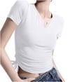thumbnail image 2 of Tops for Women Short-sleeved Pleated V-neck Solid-color Casual T-shirt White S, 2 of 5